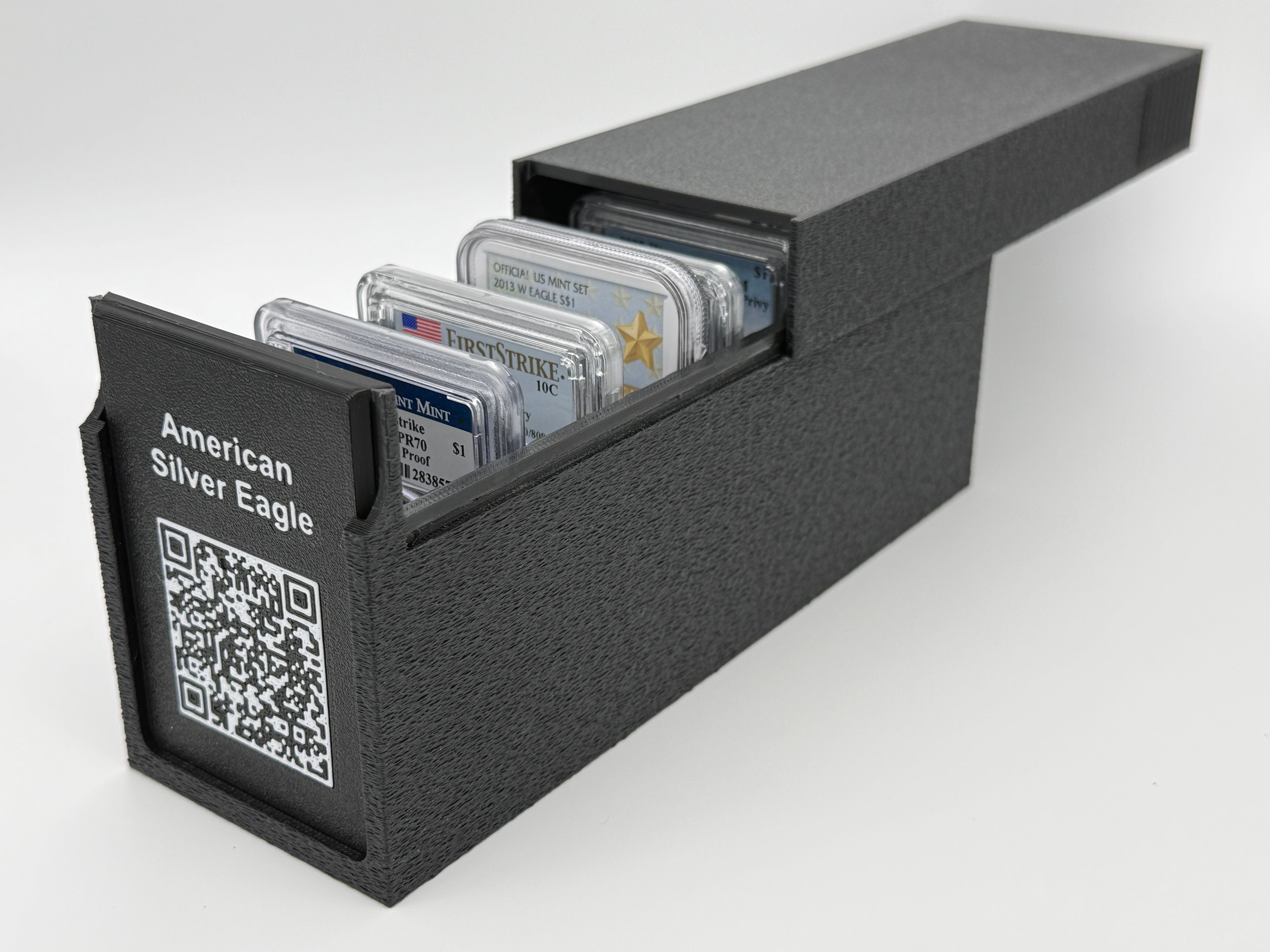 Black 3D-printed CoinConnex 15x storage box for graded coin slabs (NGC, PCGS)