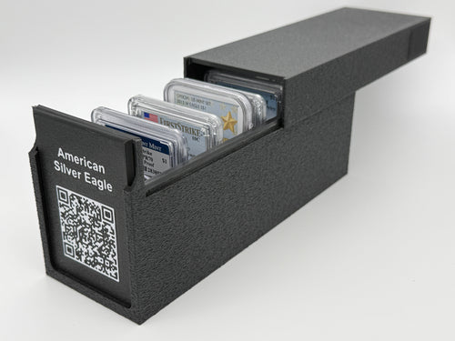 Black 3D-printed CoinConnex 15x storage box for graded coin slabs (NGC, PCGS)