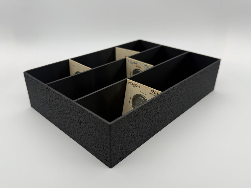 Black 3D-printed SlabGrid Mini Triple display tray for 2x2 coin holders and flips