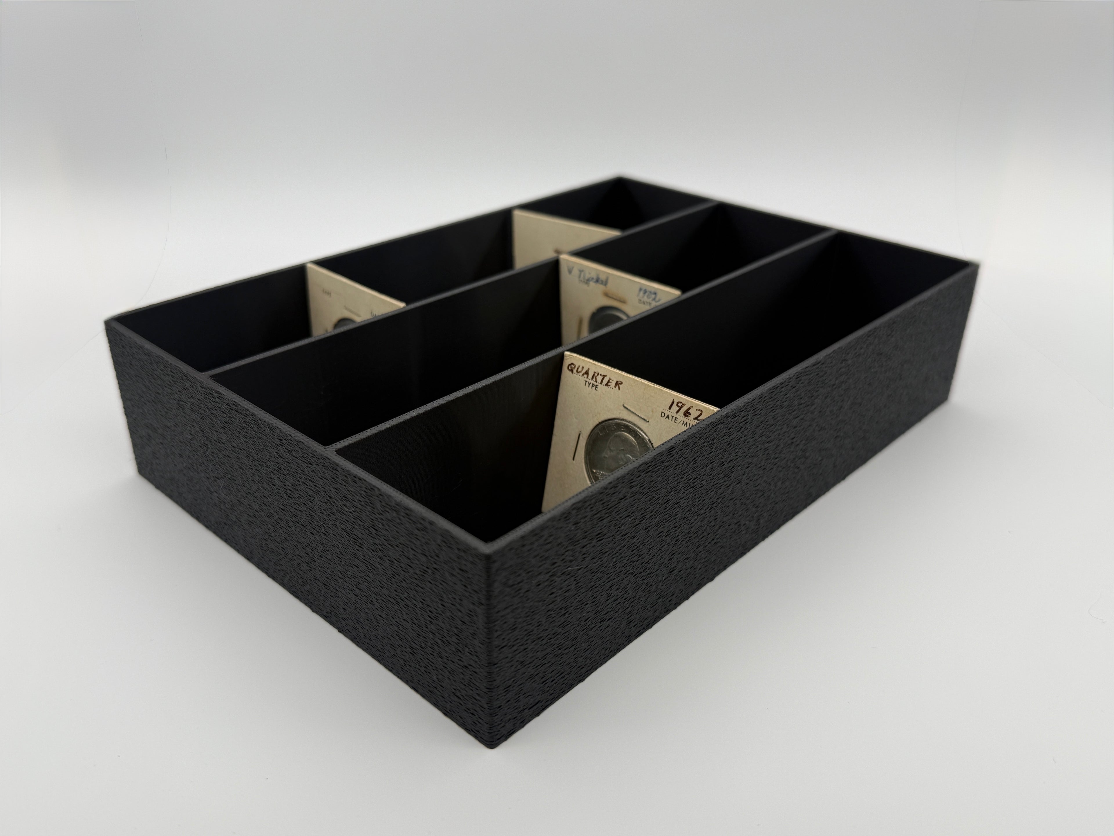 Black 3D-printed SlabGrid Mini Triple display tray for 2x2 coin holders and flips