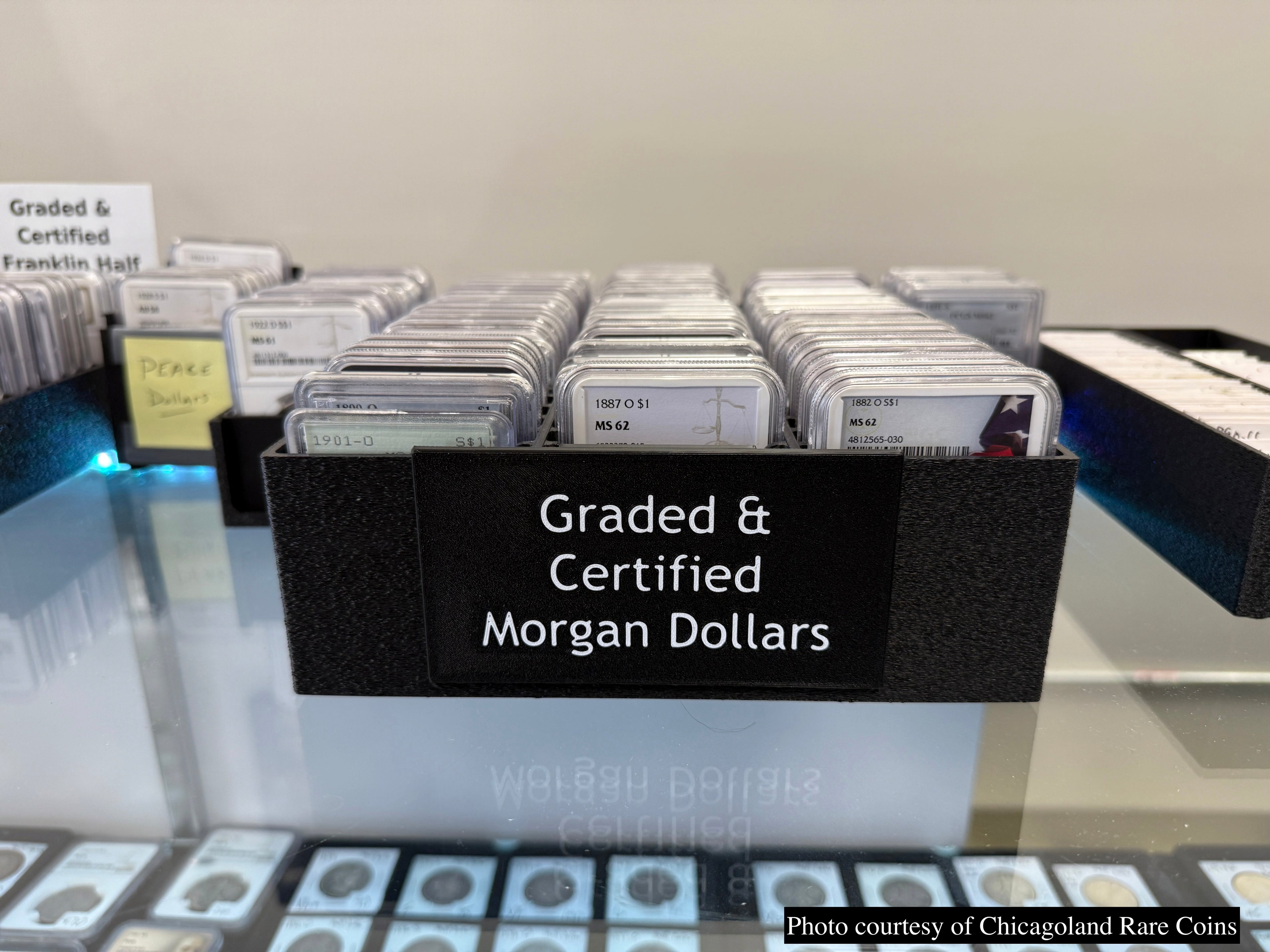 SlabGrid 60x graded coin slab display tray — angled view