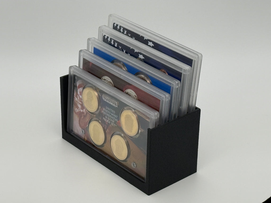Black 3D-printed ProofStadium tiered display stand for graded US Mint proof sets