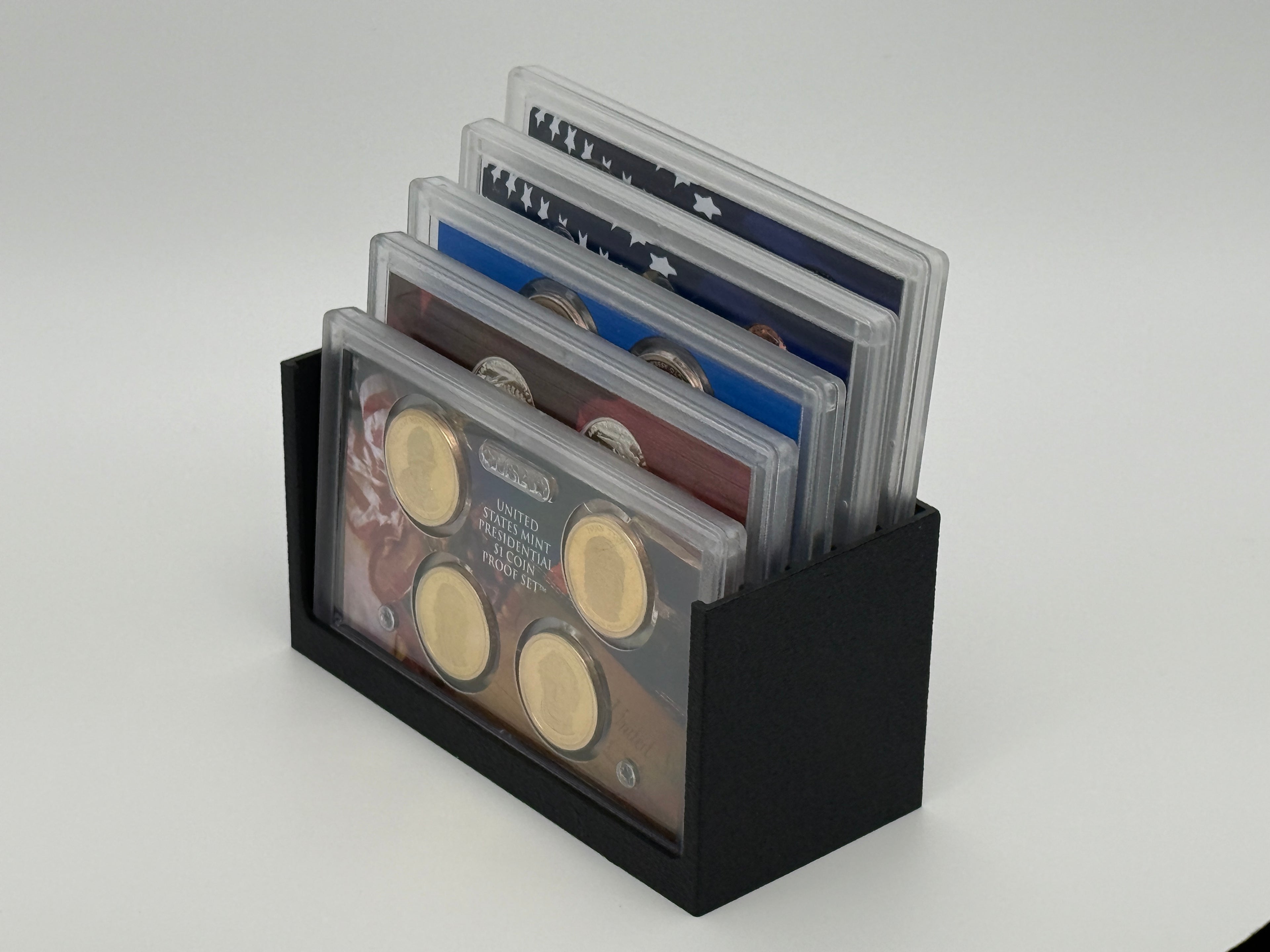 Black 3D-printed ProofStadium tiered display stand for graded US Mint proof sets