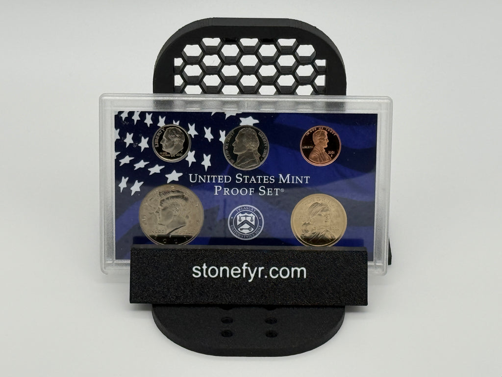SlabGrid FlexStand coin slab display stand — angled view