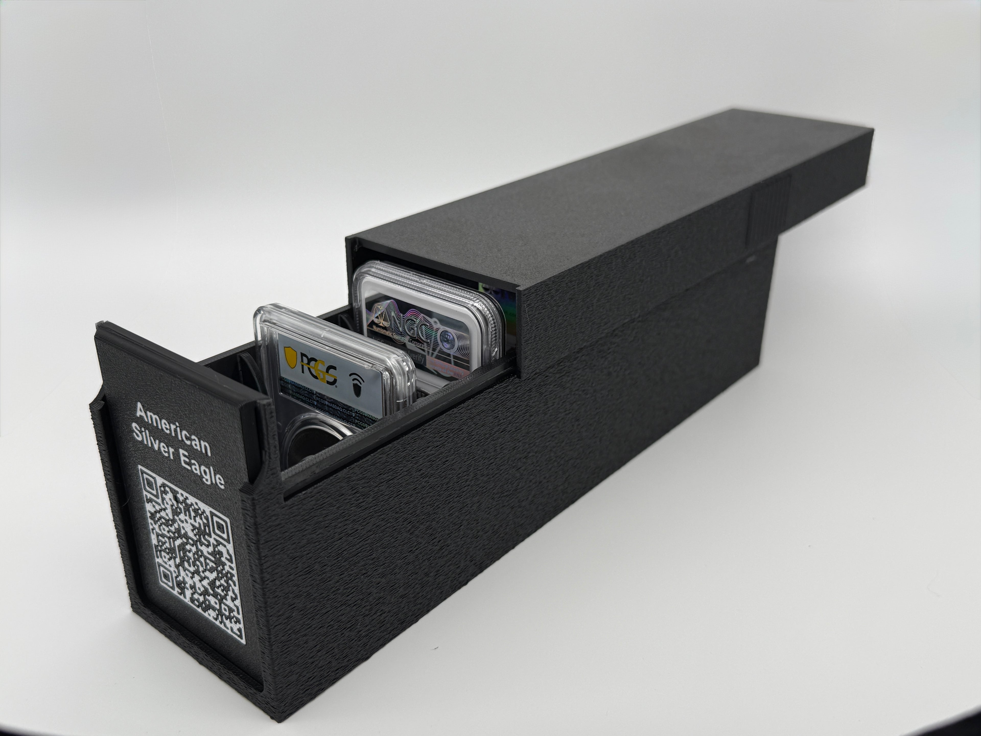 Black 3D-printed CoinConnex 20x storage box for graded coin slabs (NGC, PCGS)