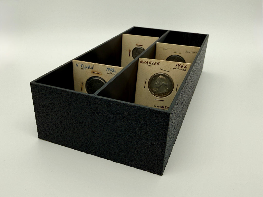 Black 3D-printed SlabGrid Mini Double display tray for 2x2 coin holders and flips