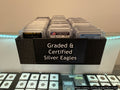 Black 3D-printed SlabGrid high-capacity display tray for 60 graded coin slabs