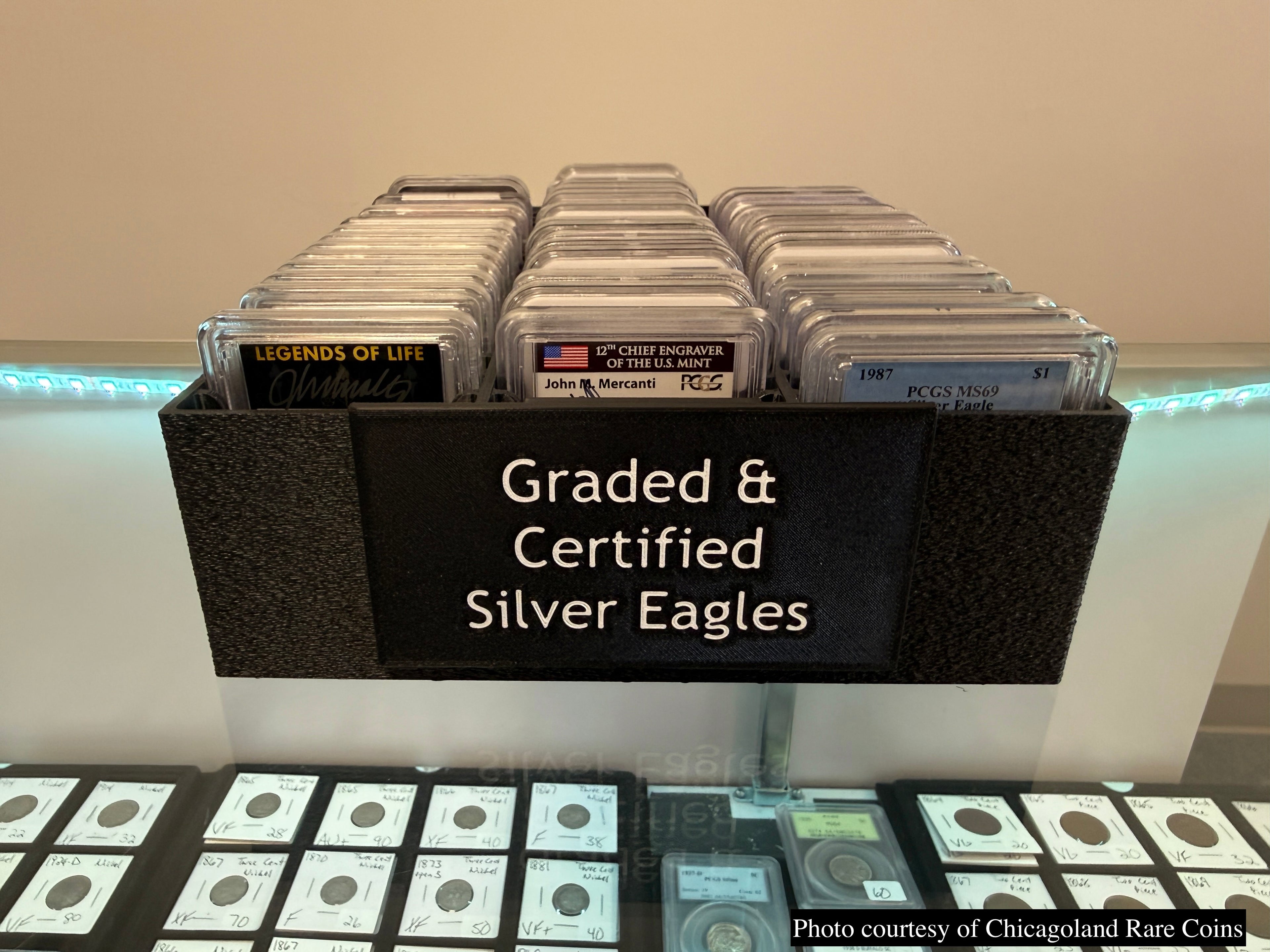 Black 3D-printed SlabGrid high-capacity display tray for 60 graded coin slabs