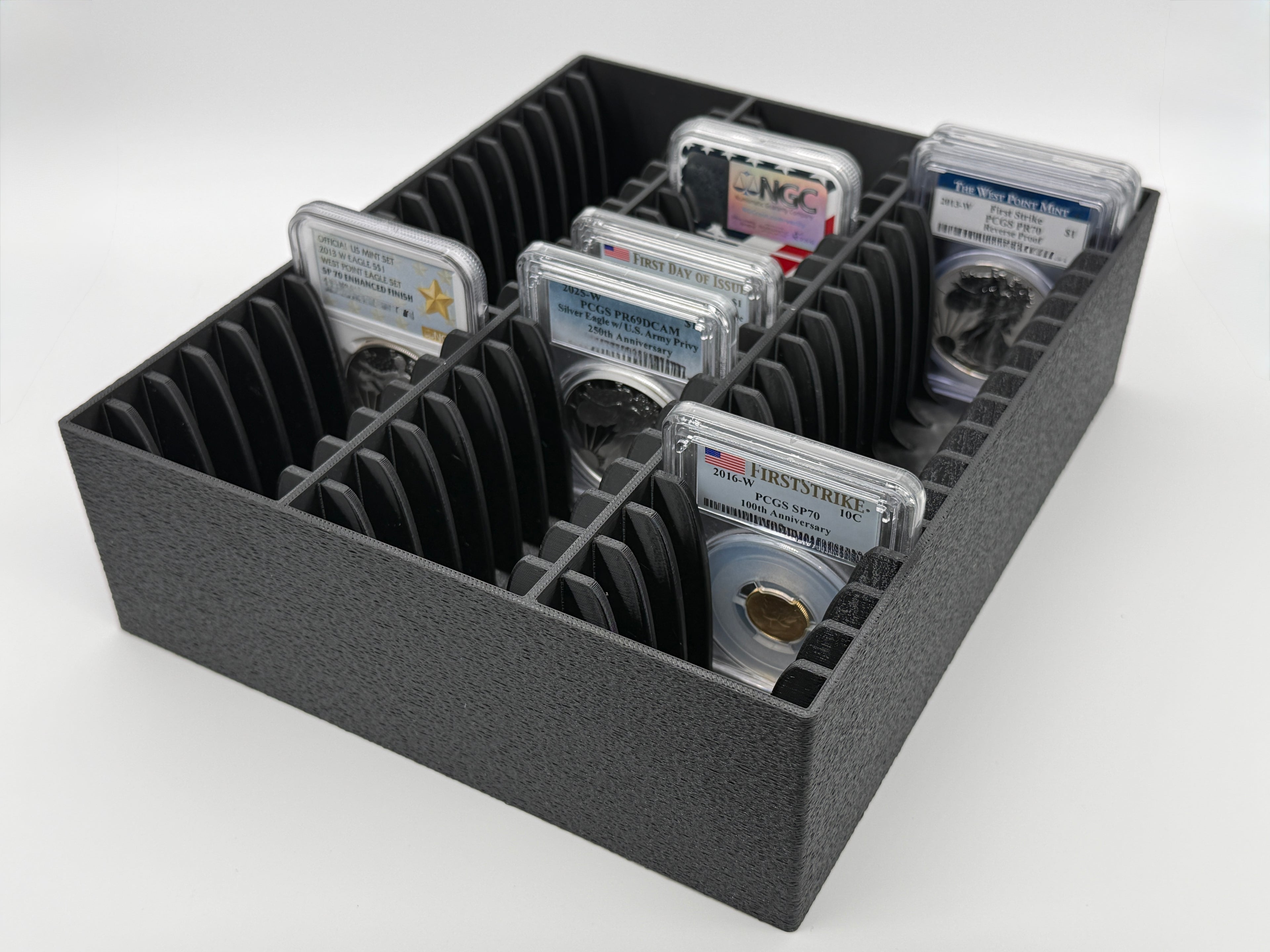 Black 3D-printed SlabGrid display tray for 54 graded coin slabs (NGC, PCGS)